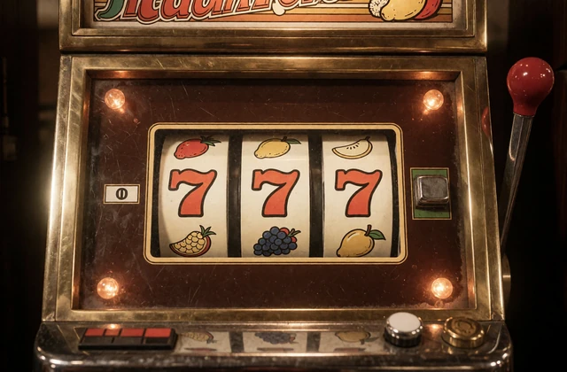 Retro-Spielautomat mit Messingrahmen und leuchtenden Walzen als Sinnbild f&uuml;r die Online Slots bei Zoccer Casino