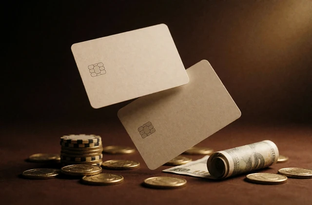 Bankkarten mit Goldm&uuml;nzen und Casino-Chips in Sepia als Motiv f&uuml;r Zahlungsmethoden und Auszahlung bei Zoccer Casino