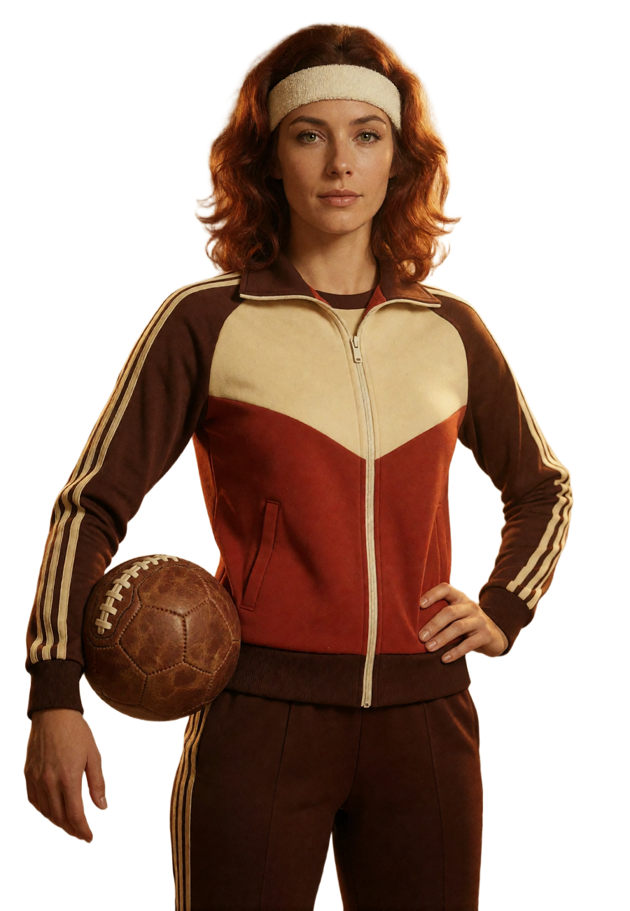 Frau im Retro-Sportanzug der 70er Jahre mit Lederfu&szlig;ball im Flutlichtstadion als Motiv von Zoccer Casino