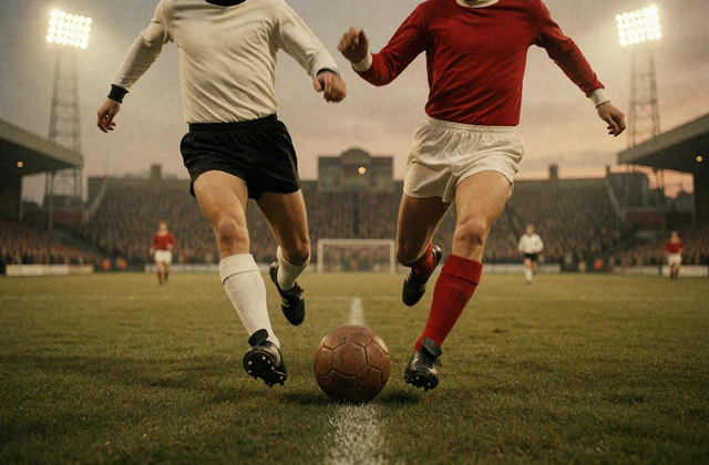 Zwei Fu&szlig;baller im Retro-Trikot k&auml;mpfen im Flutlichtstadion um den Lederball als Motiv f&uuml;r Sportwetten bei Zoccer