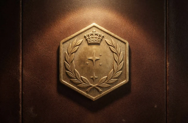 Goldenes Sechseck-Emblem mit Lorbeerkranz auf Leder als Sinnbild f&uuml;r die VIP-Stufen im Zoccer VIP Club