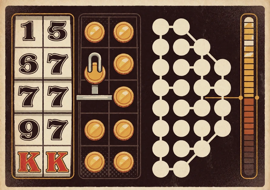 Retro-Infografik mit variabler Walzenmatrix, gehaltenen M&uuml;nzpositionen, Symbolcluster und Jackpot-Anzeige zur Erkl&auml;rung der Slot-Kategorien