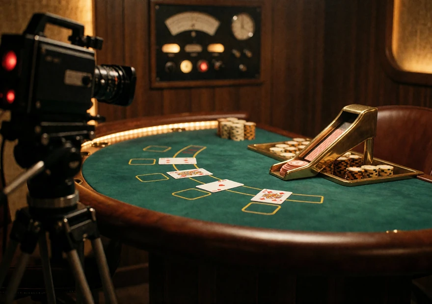 Live-Dealer-Tisch mit Studiokamera, Kartenschlitten und Statusanzeige als Bild f&uuml;r Studio- und Streamqualit&auml;t im Zoccer Live Casino