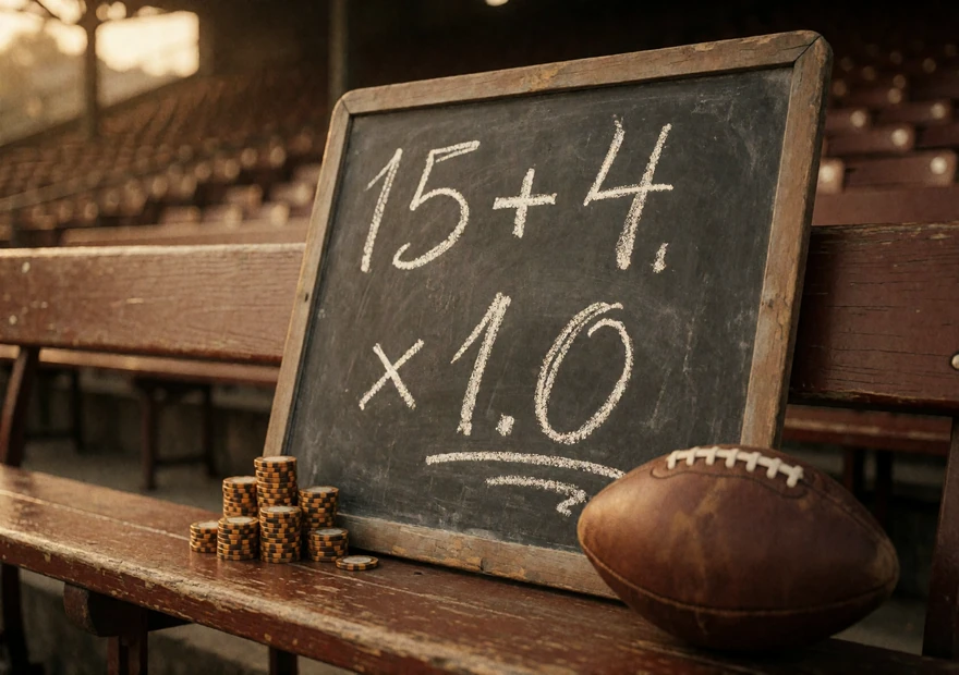 Retro-Kreidetafel im Stadion mit handgeschriebener Rechnung aus Einzahlung, Bonus und Umsatzfaktor als Erkl&auml;rbild f&uuml;r Umsatzbedingungen beim Casino Bonus