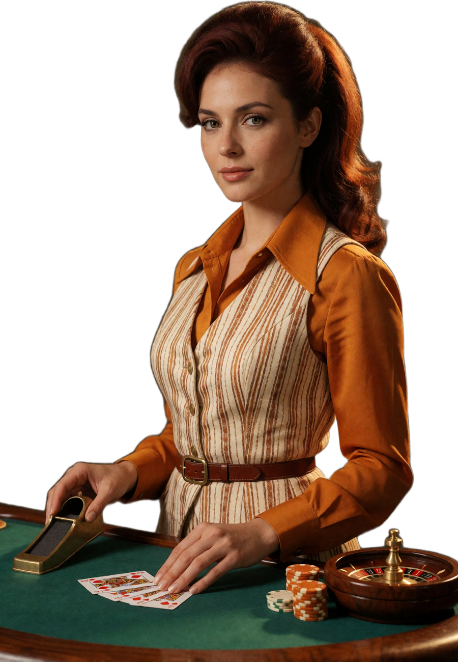Croupierin im Retro-Look der 70er Jahre mit Kartenschlitten, Chips und Roulette-Rad als Motiv f&uuml;r das Live Casino bei Zoccer