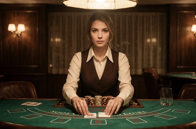Croupierin am Blackjack-Tisch mit Chips im Retro-Casino als Motiv f&uuml;r das Live Casino bei Zoccer